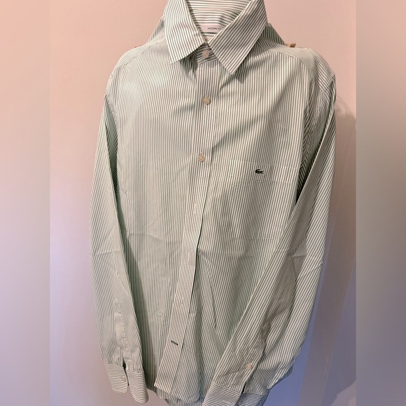 Lacoste pin stripe men’s button down shirt. Green and white size 40 / large med - Picture 1 of 8